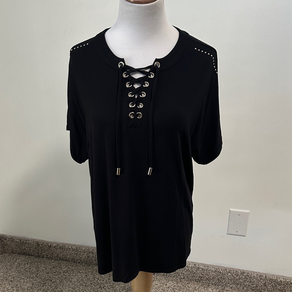 Belldini Black Lace-Up Short Sleeve Top